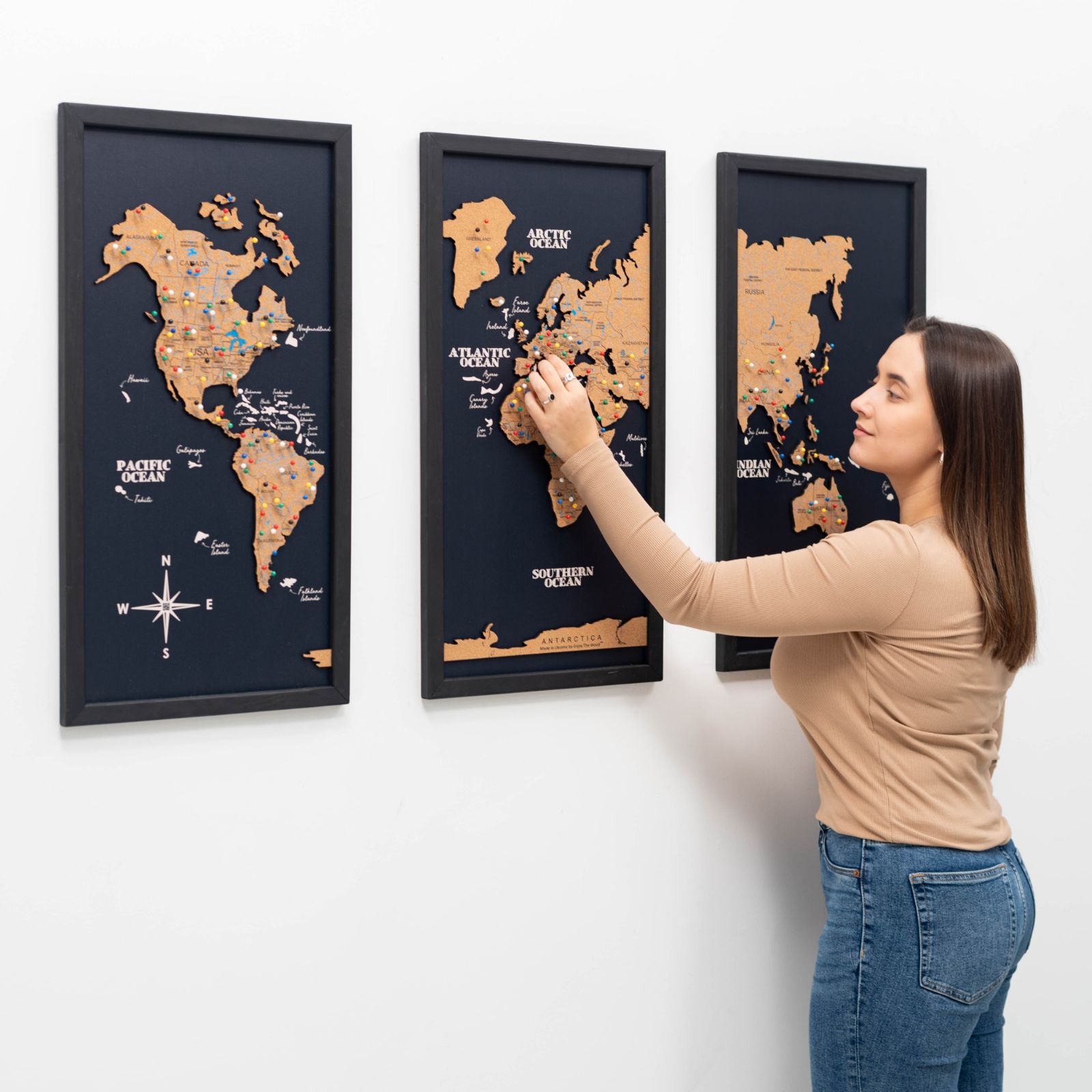 Black triptych cork world map wall art with pins of travel destinations