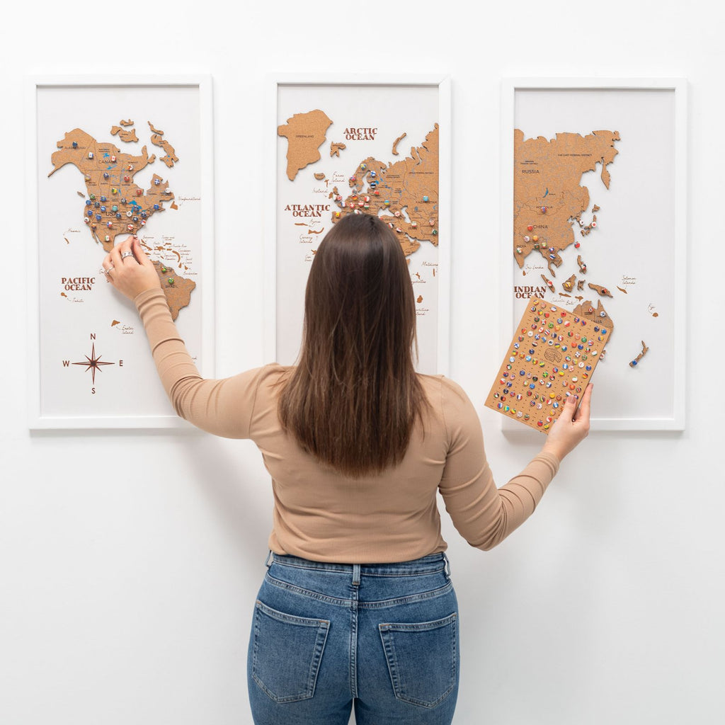 Cork World Map Triptych - White Modern Wall Art Decor