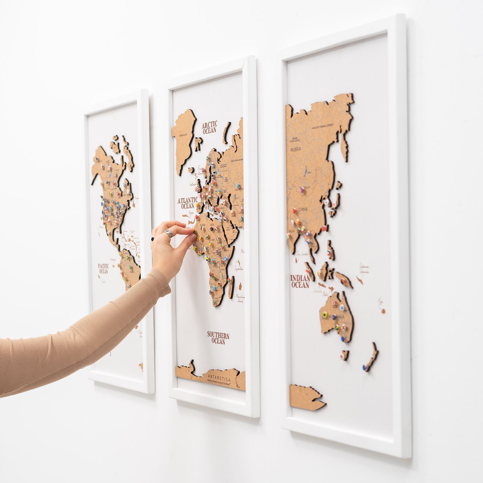 Cork World Map Triptych - White Modern Wall Art Decor