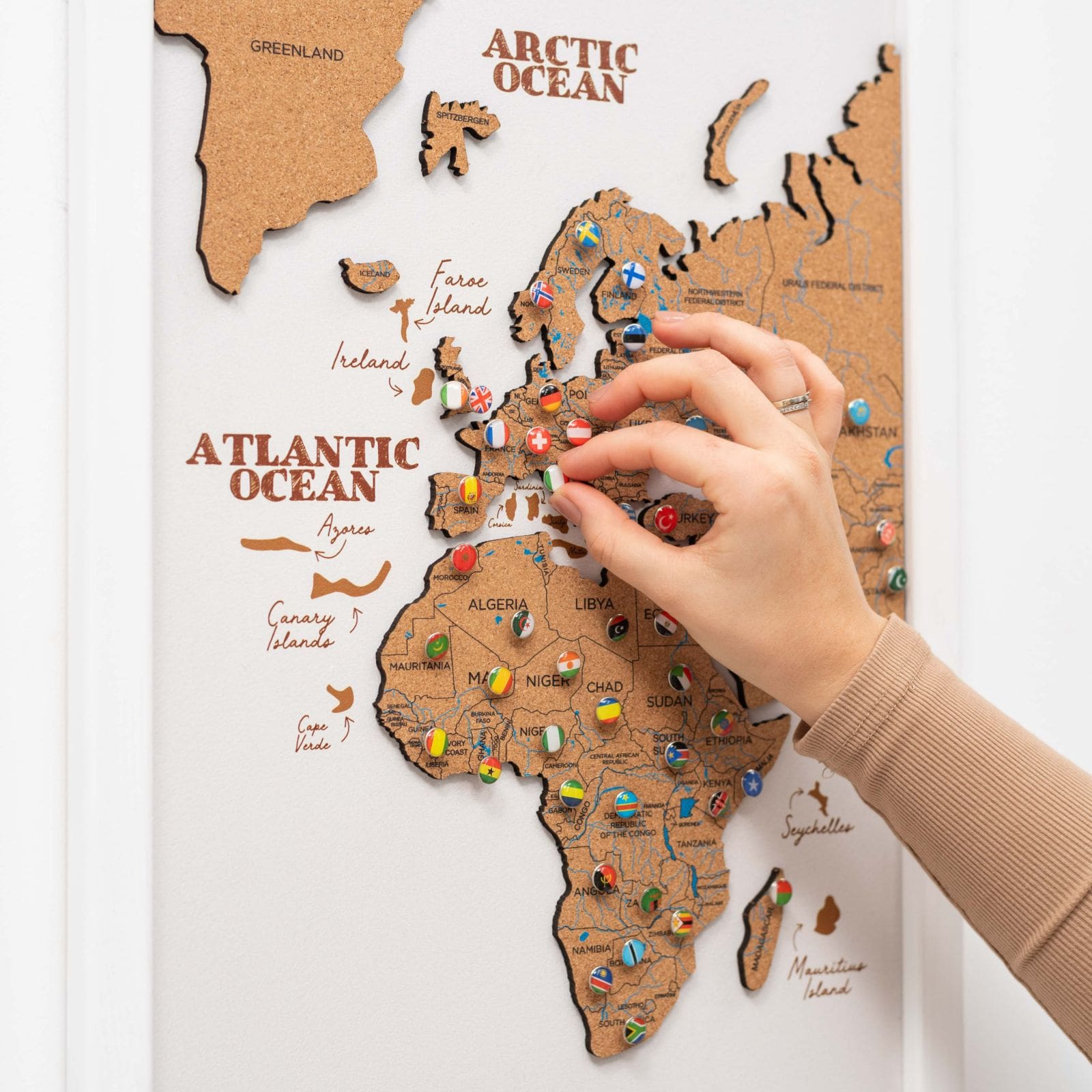 Cork World Map Triptych - White Modern Wall Art Decor