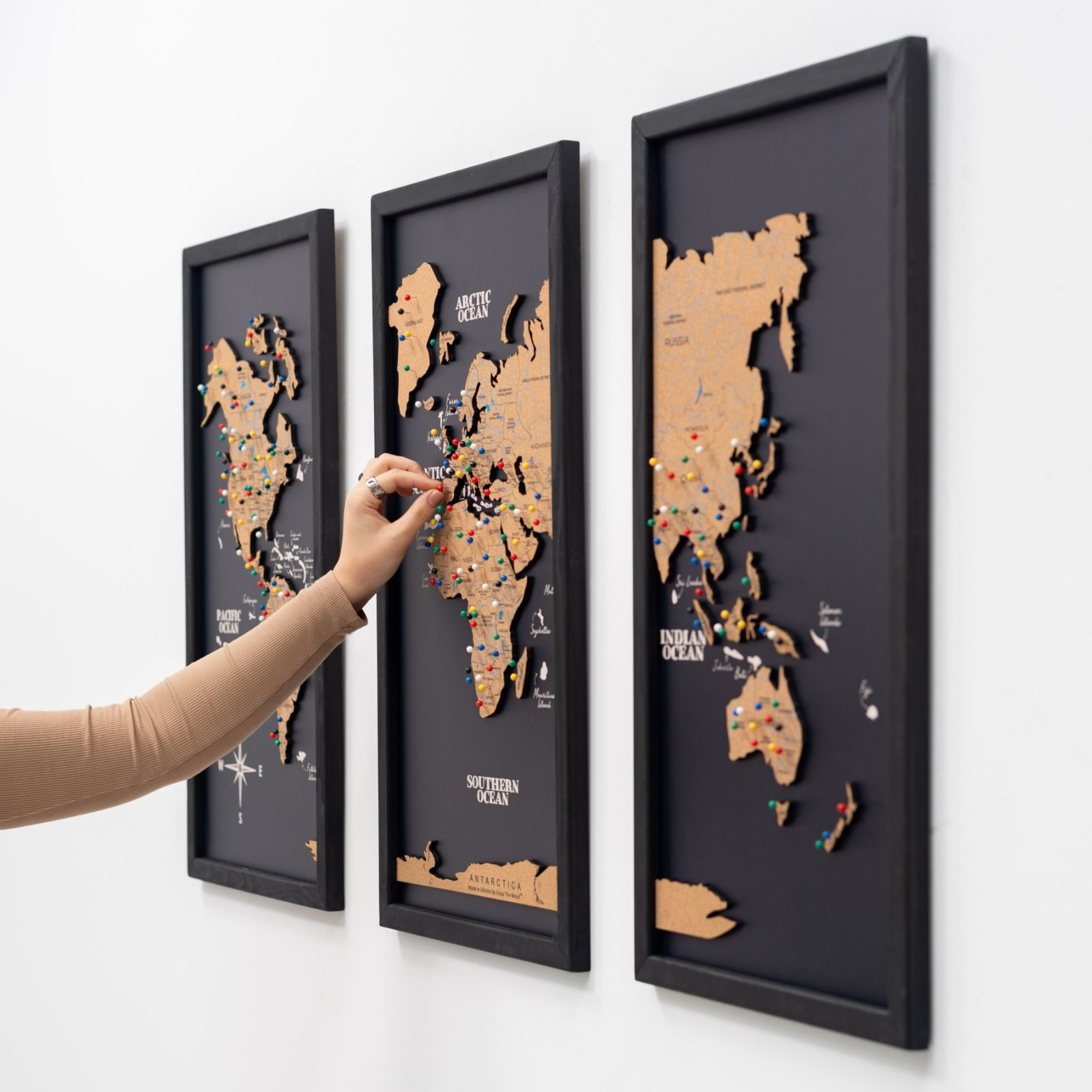 Cork World Map Triptych Wall Art - Black 3-Piece Map Decor