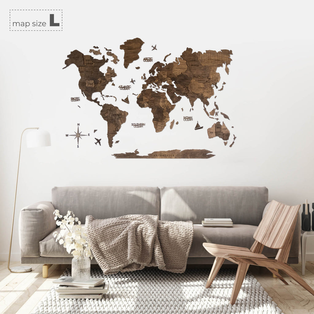 3D Wooden World Map Dark Walnut Modern Minimalist Wall Art