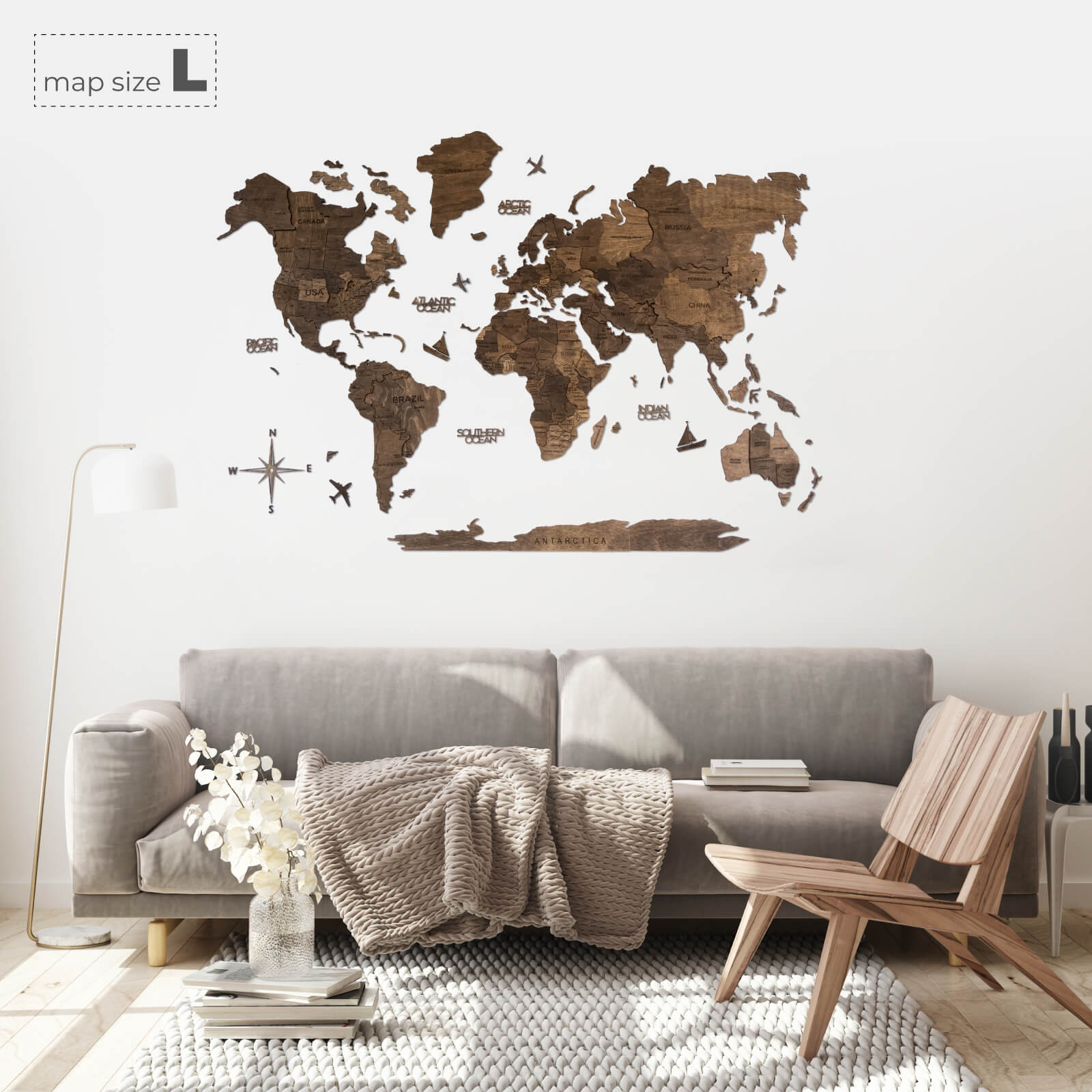 3D Wooden World Map Dark Walnut Modern Minimalist Wall Art