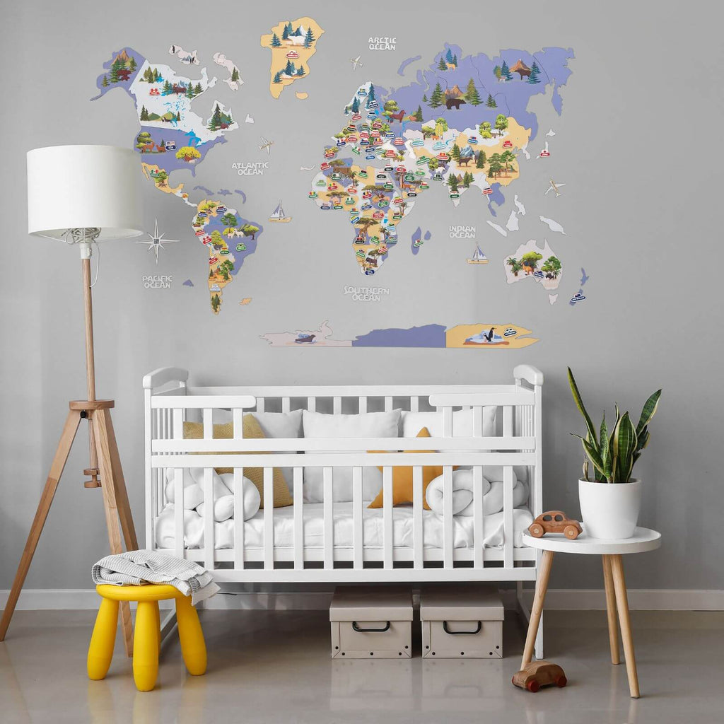 Animal World Map Indigo wall decor with colorful country borders and flag stickers for kids