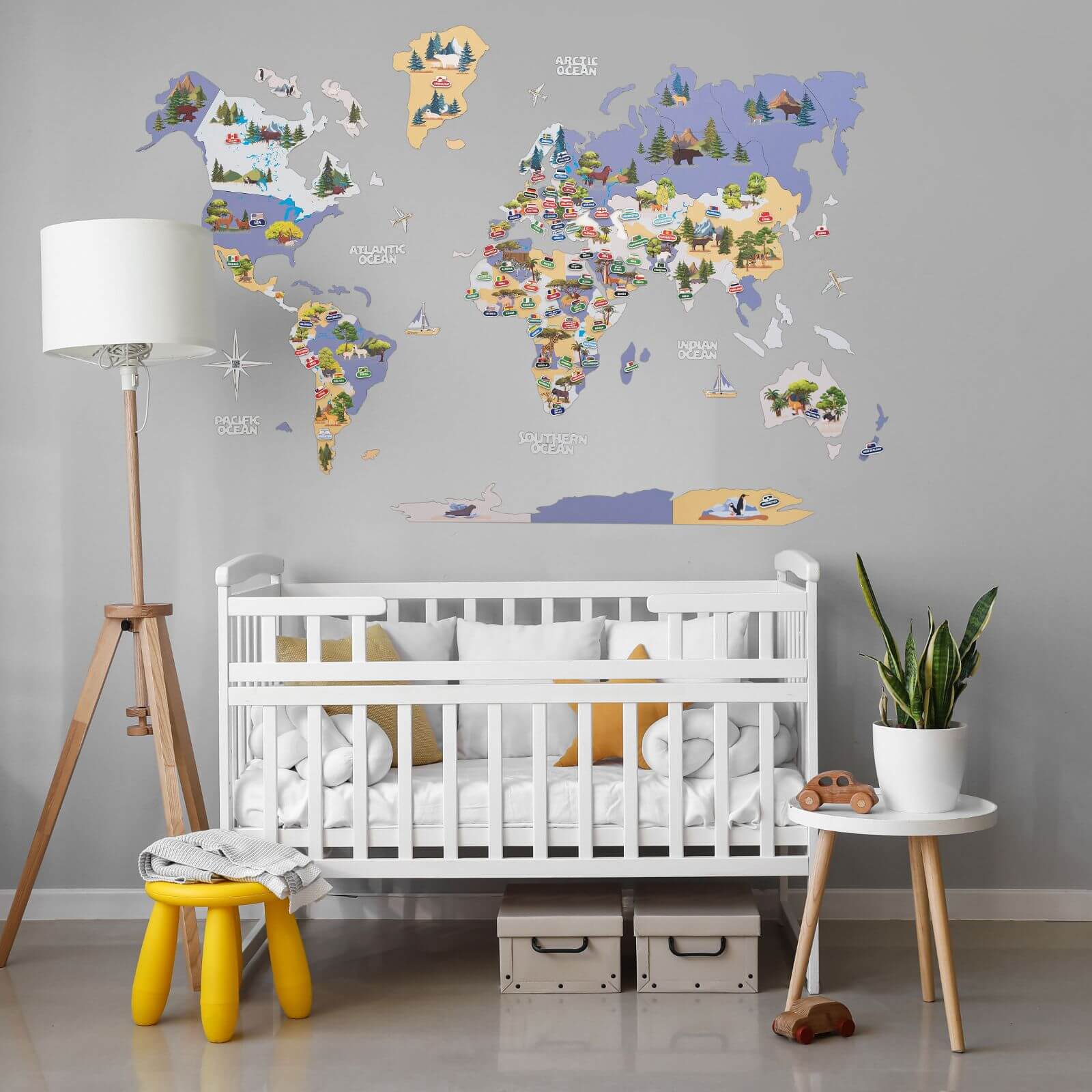 Animal World Map Indigo wall decor with colorful country borders and flag stickers for kids
