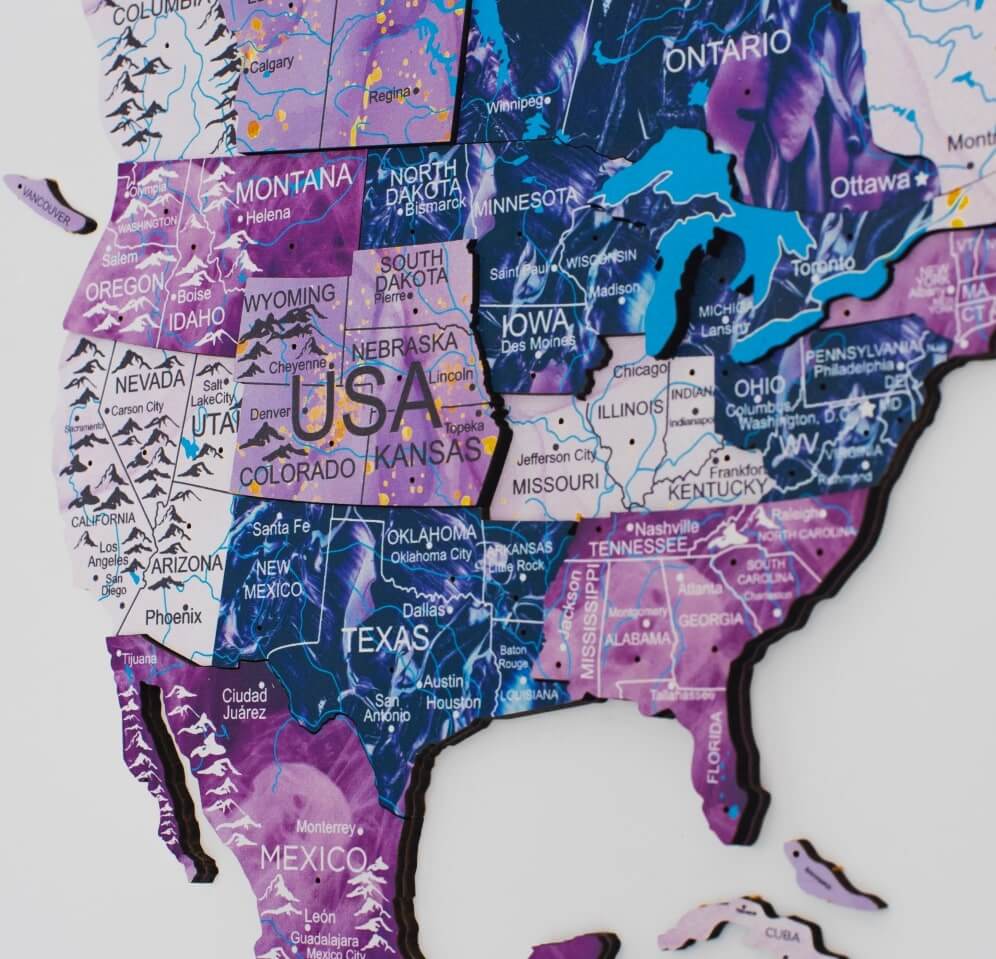 3D Wooden World Map Milky Way Purple Abstract Wall Art