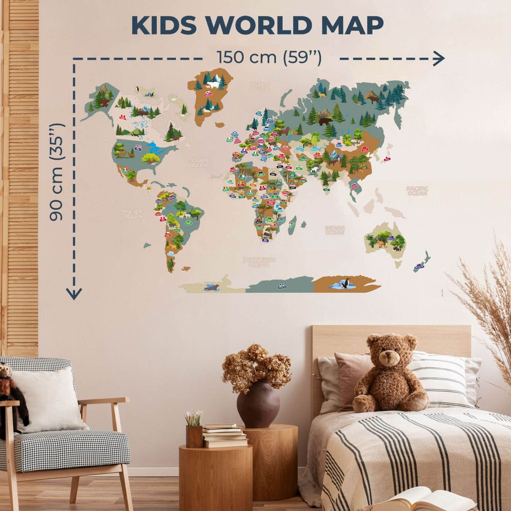 Interactive Kids World Map Wall Art in Khaki for Nursery Decor