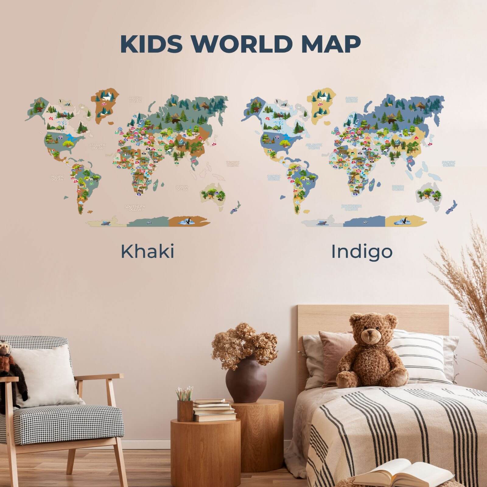 Interactive Animal World Map Wall Decor for Kids Nursery