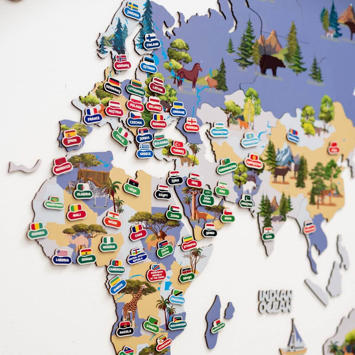 Nursery World Map Wall Art - Educational Indigo Animal Decor
