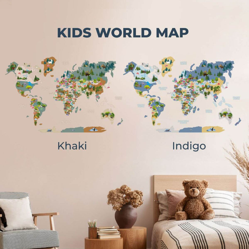 Interactive Kids Wall Map in Khaki for Geography Learning