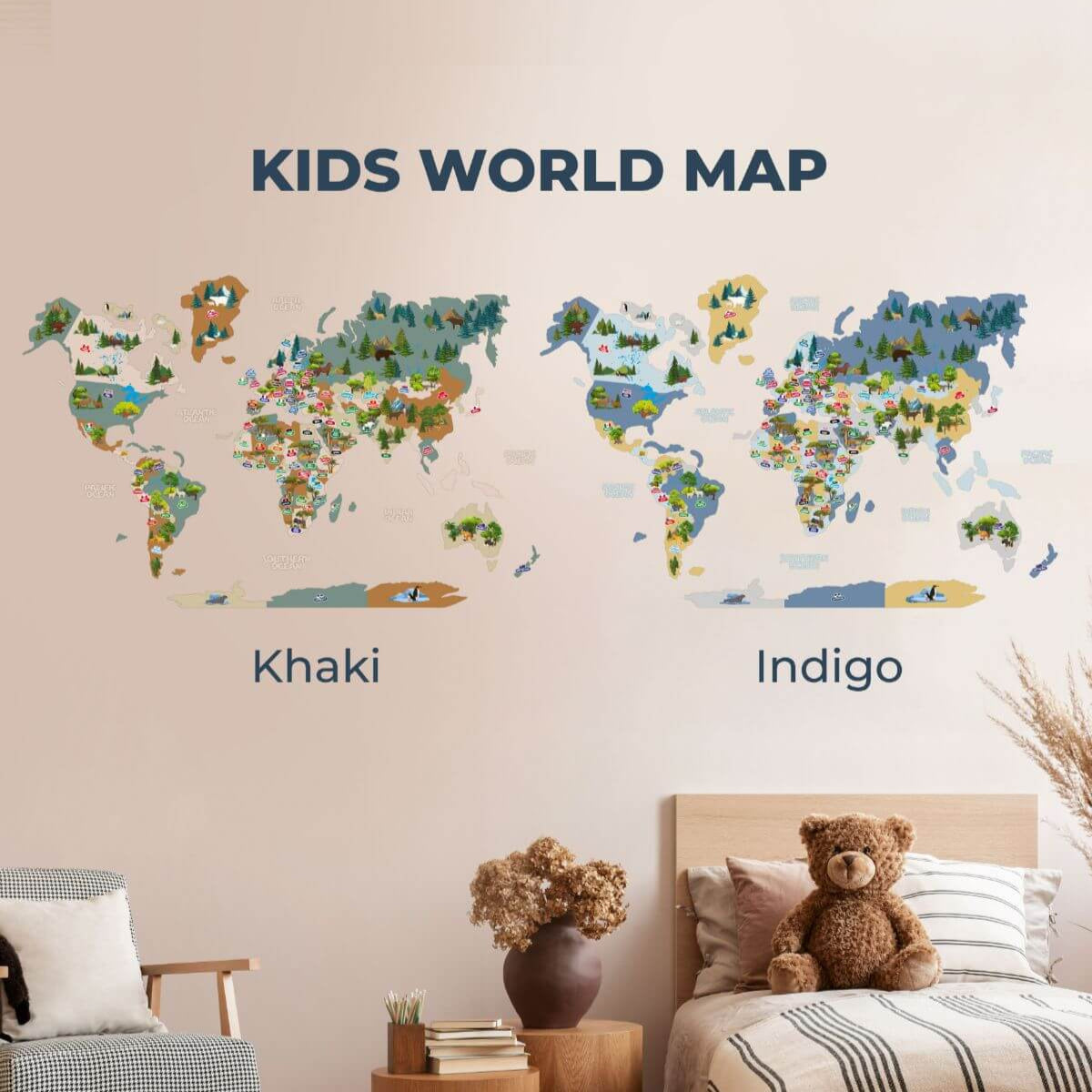 Nursery World Map Wall Art - Educational Indigo Animal Decor