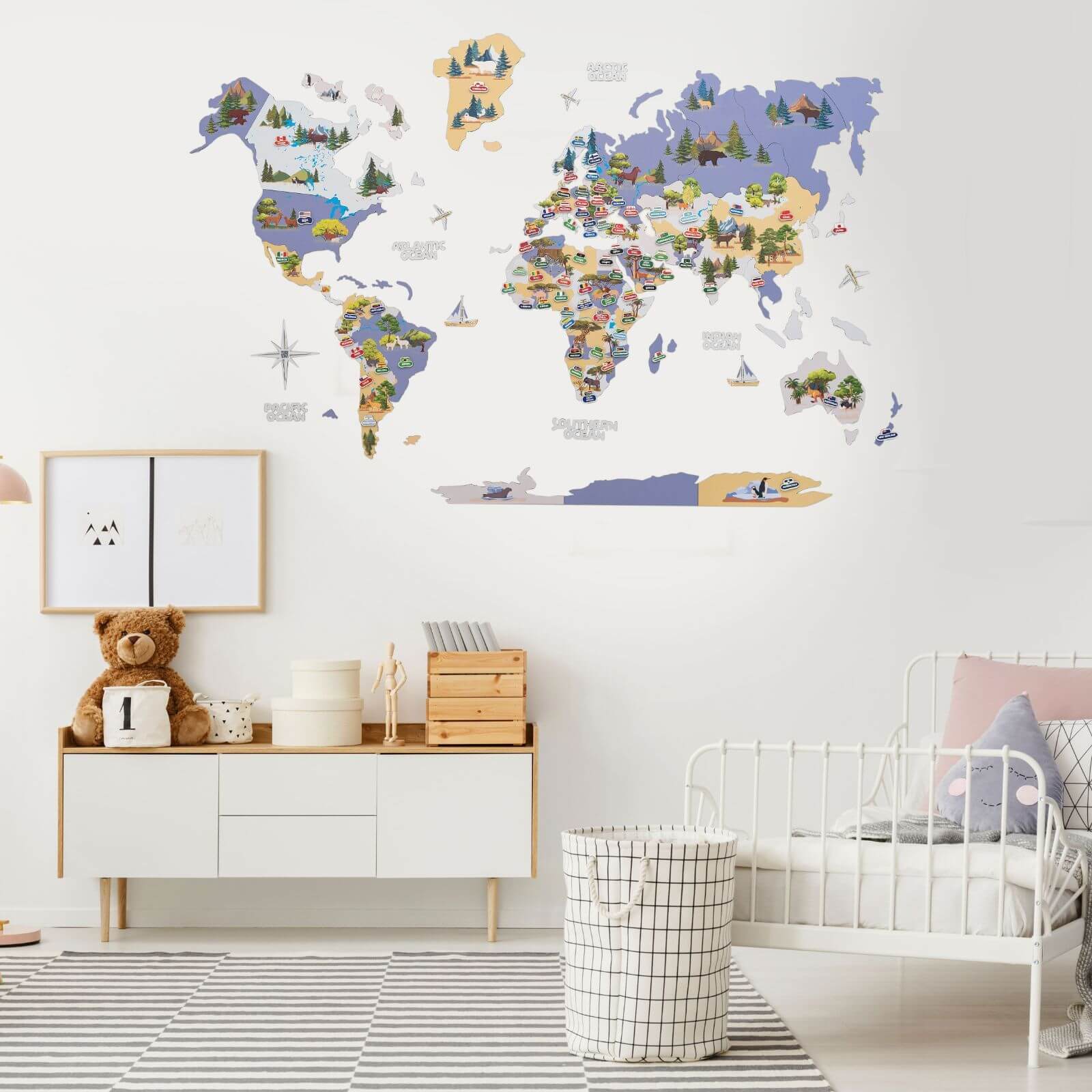 Interactive Animal World Map Wall Decor for Kids Nursery