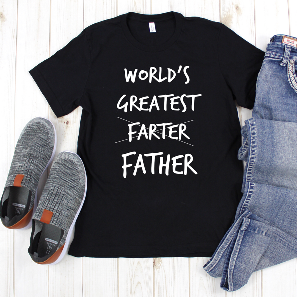Black unisex t-shirt with white text reading World's Greatest Farter/Father