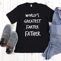 Black unisex t-shirt with white text reading World's Greatest Farter/Father
