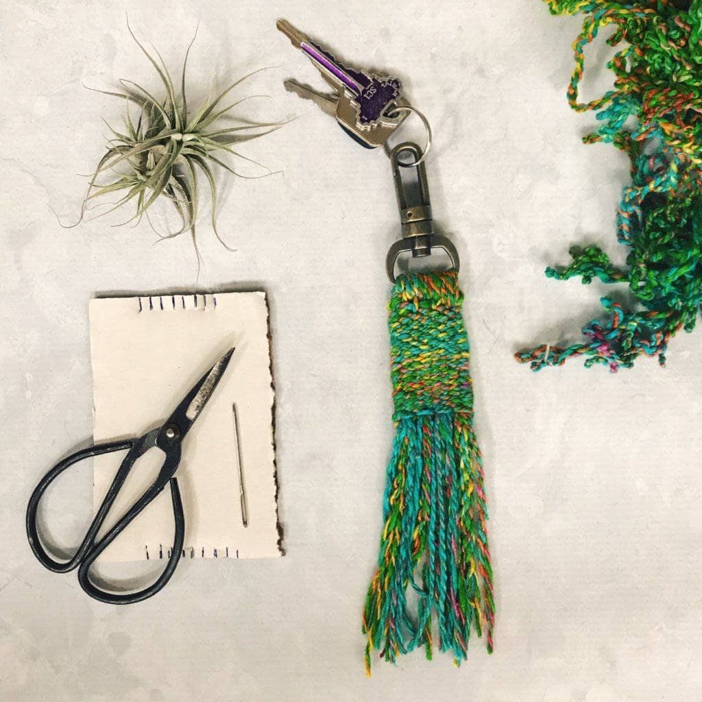 DIY Woven Tassel Lanyard Keychain Kit with colorful yarn and weaving accessories
