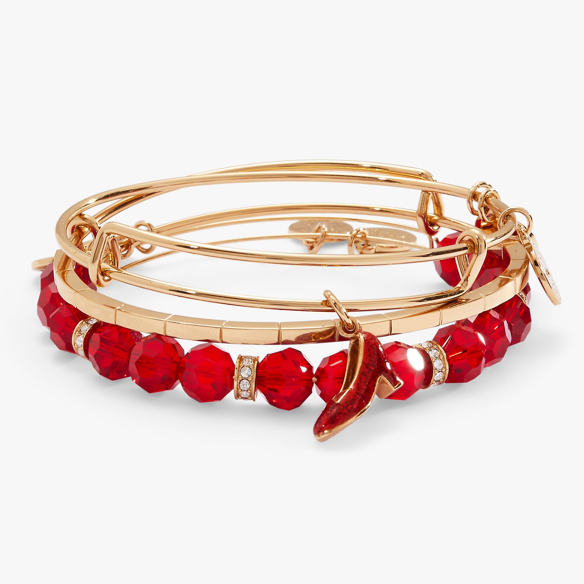 Set of three Wizard of Oz themed bangles featuring ruby slipper charms and crystal beads