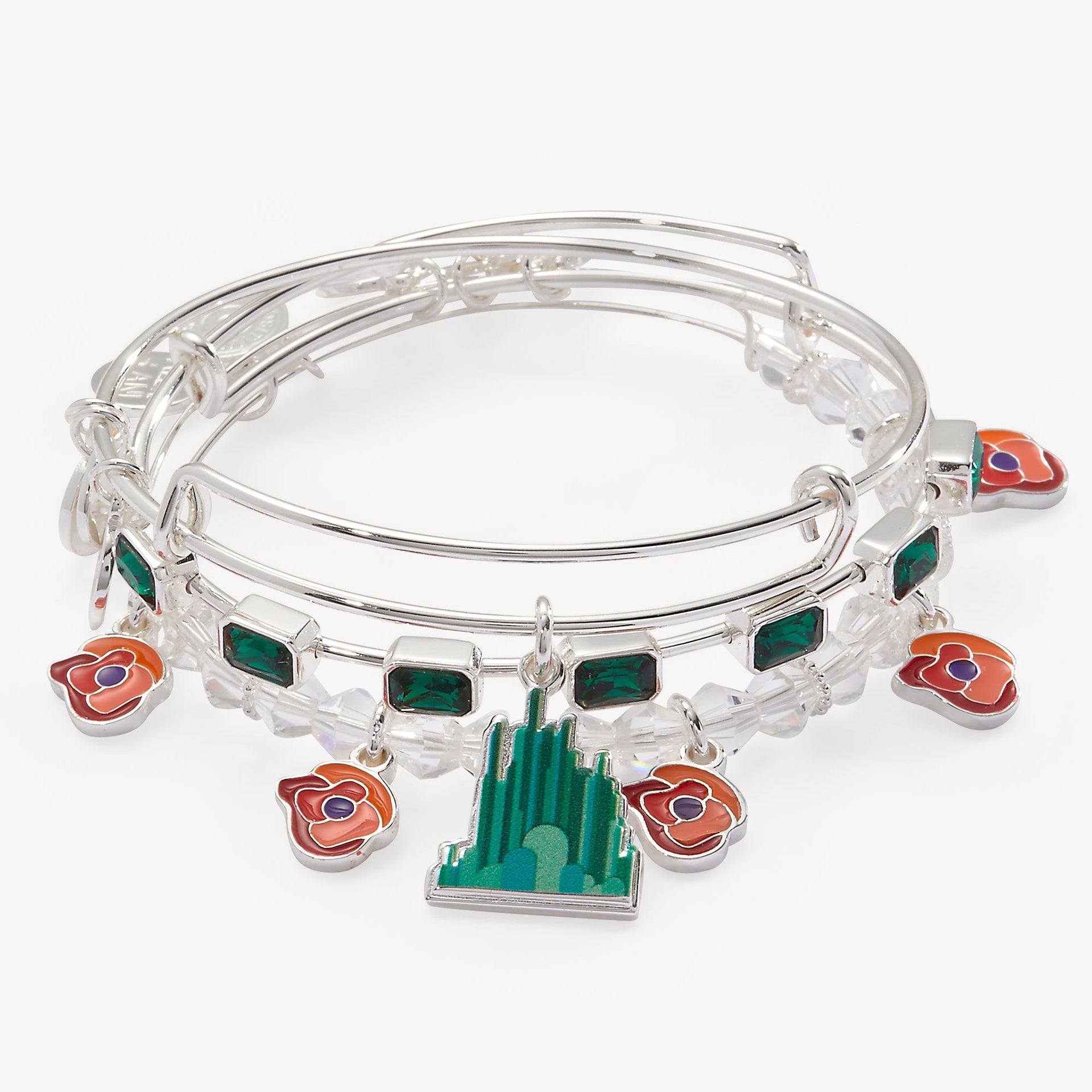 Set of three Wizard of Oz themed bangles with Emerald City charm and green crystals