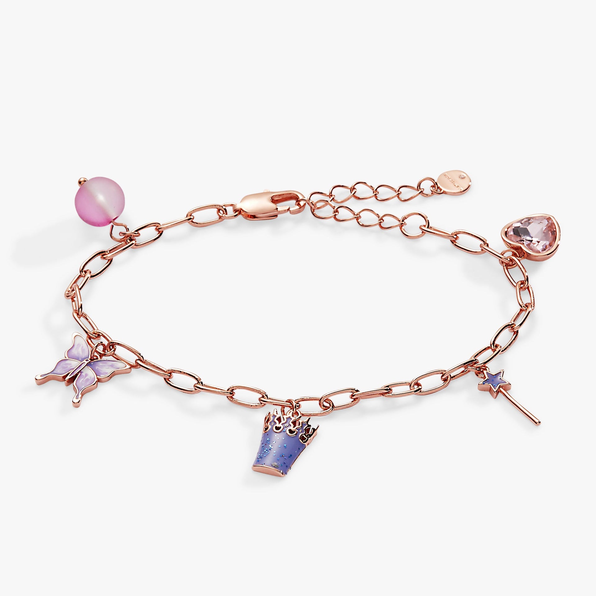 The Wizard of Oz Good Witch charm bracelet with crown, wand, butterfly, and pink heart crystal charms.