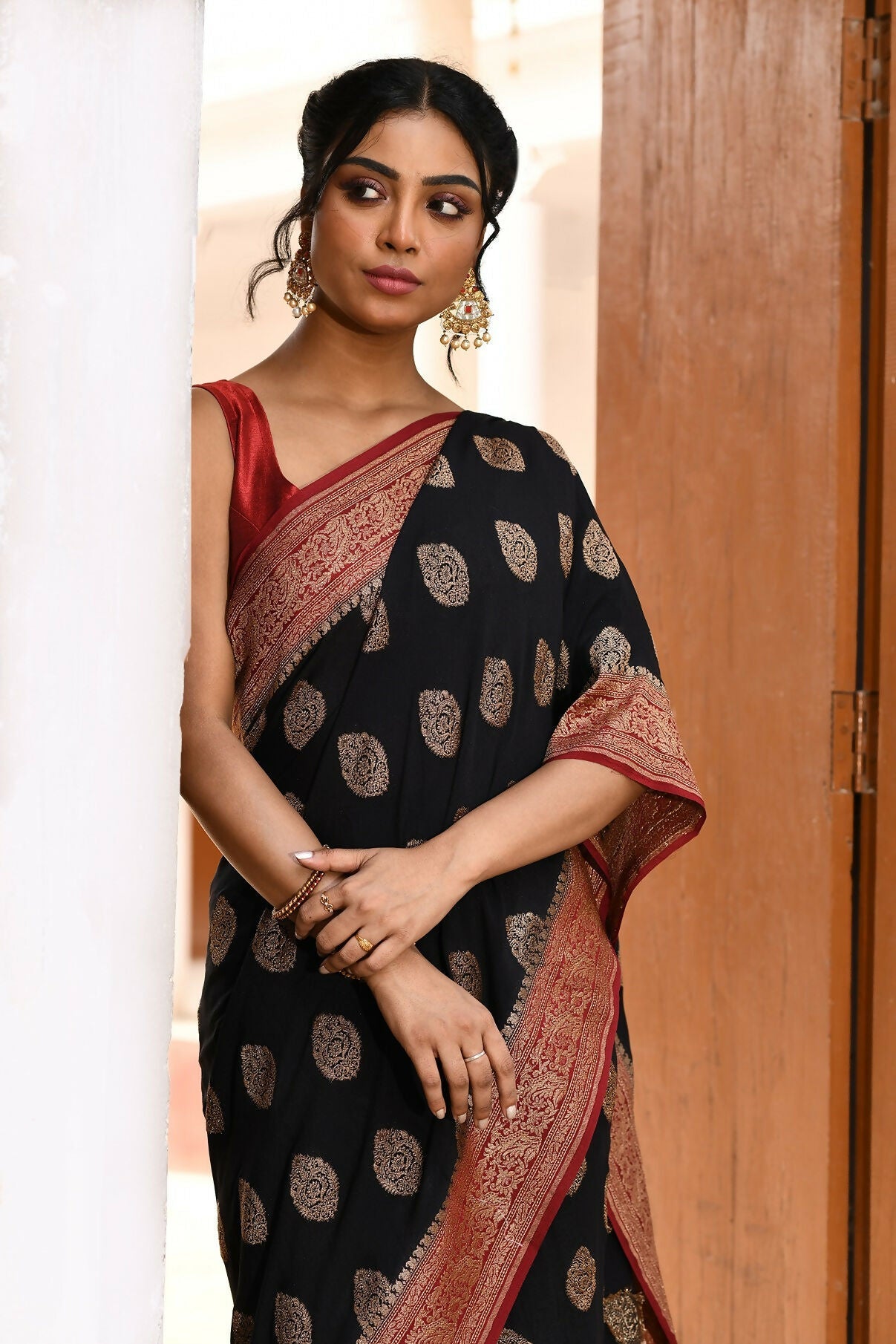 Black Crepe Chiffon Banarasi Silk Handloom Saree