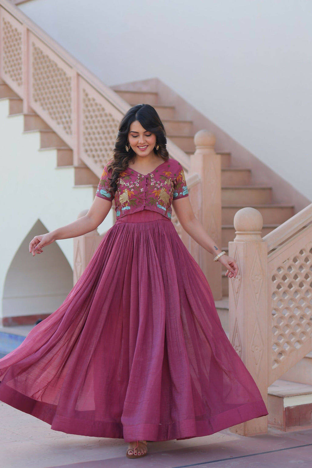 Pink Crunchy Fabric Kurta Set with Sequence Embroidery