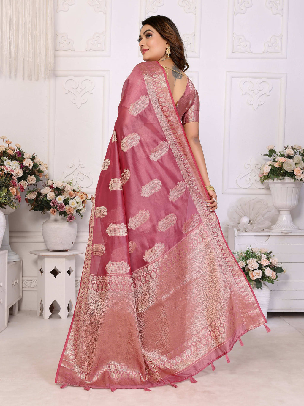 Dusty Rose Soft Organza Silk Saree with Intricate Weaving