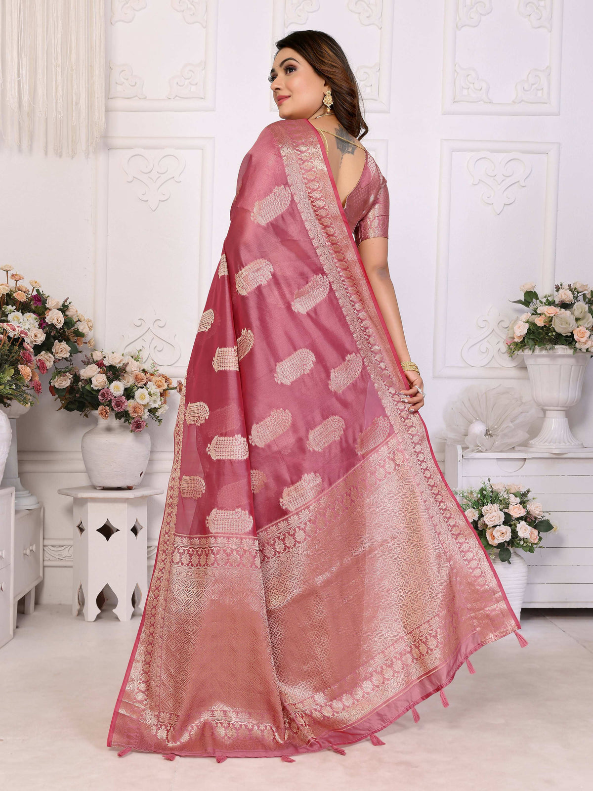 Dusty Rose Soft Organza Silk Saree with Intricate Weaving