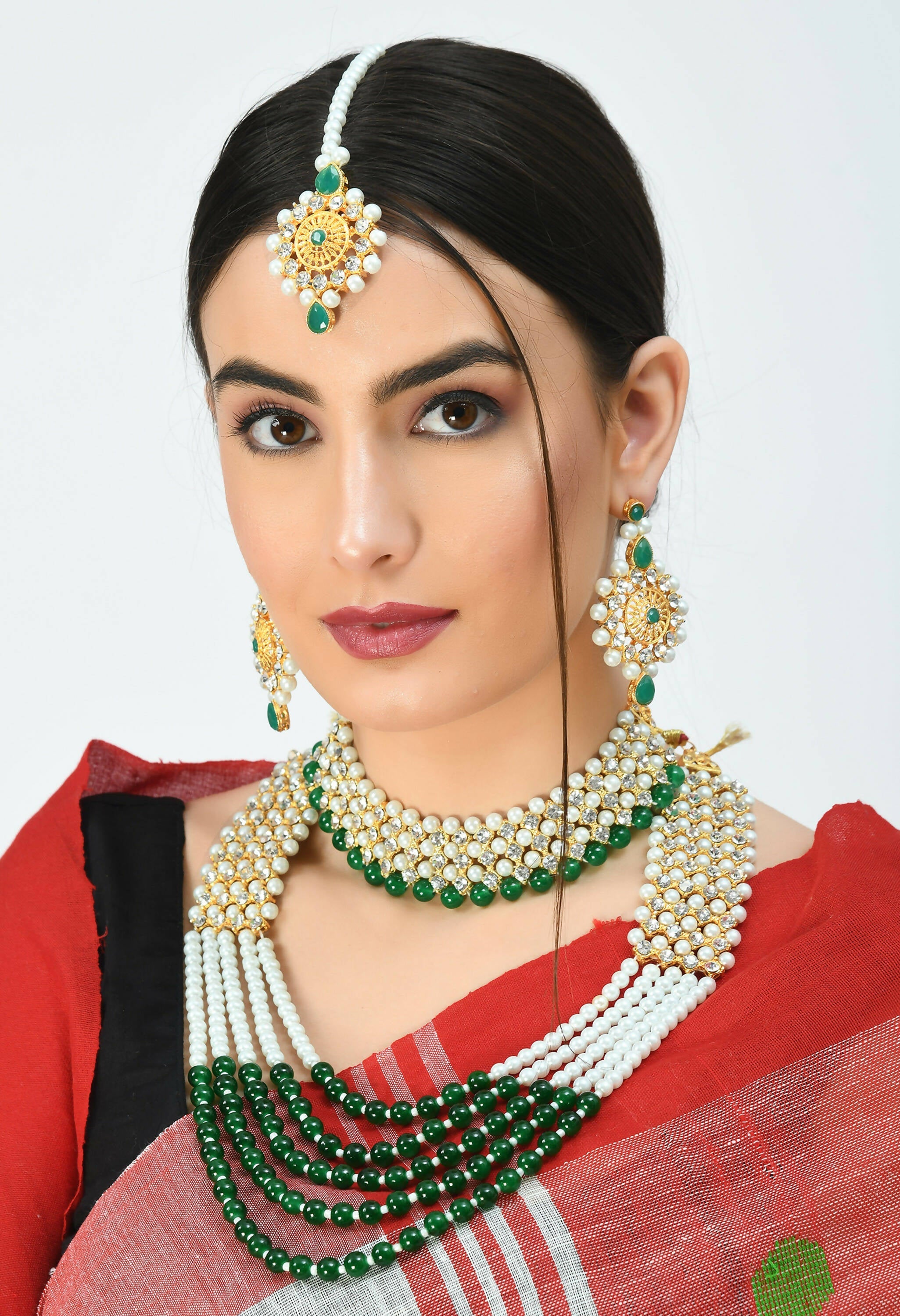 Gold-Plated Rani Haar Long Necklace with Cream and Green Pearls