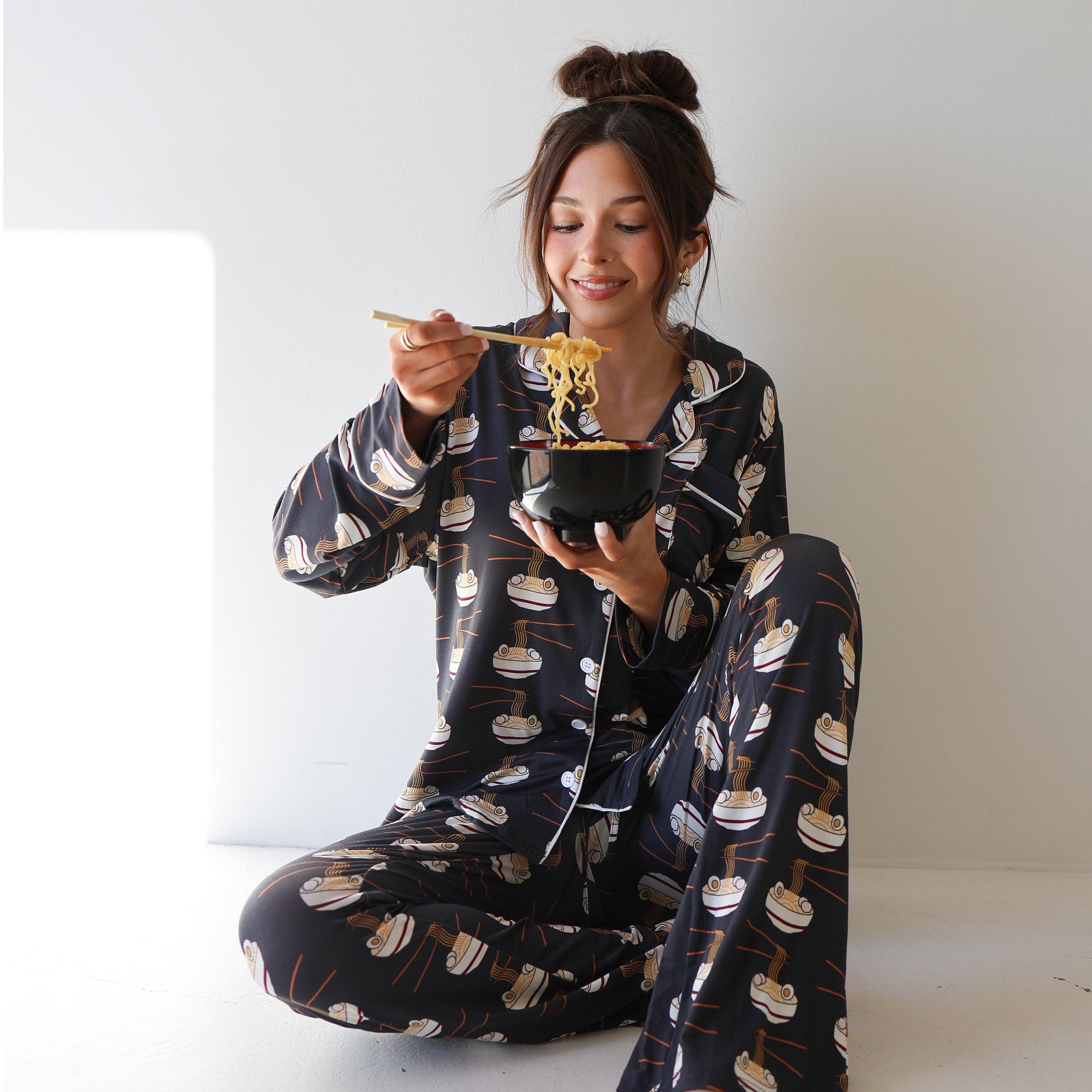 Women's Bamboo Button Up Lounge Set Ramen Print - Image 4