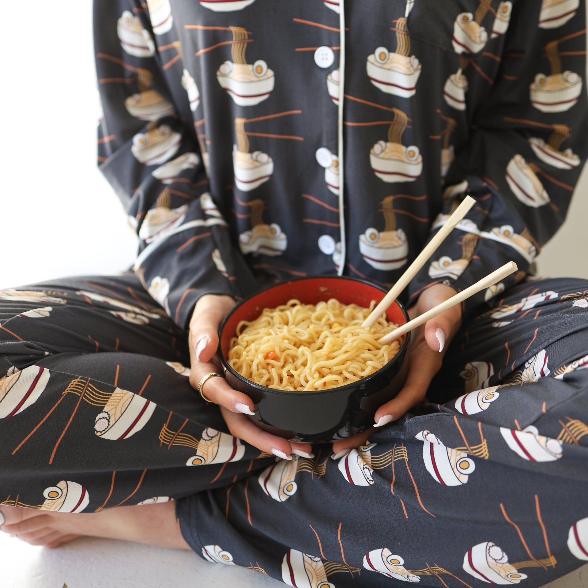 Women's Bamboo Button Up Lounge Set Ramen Print - Image 3