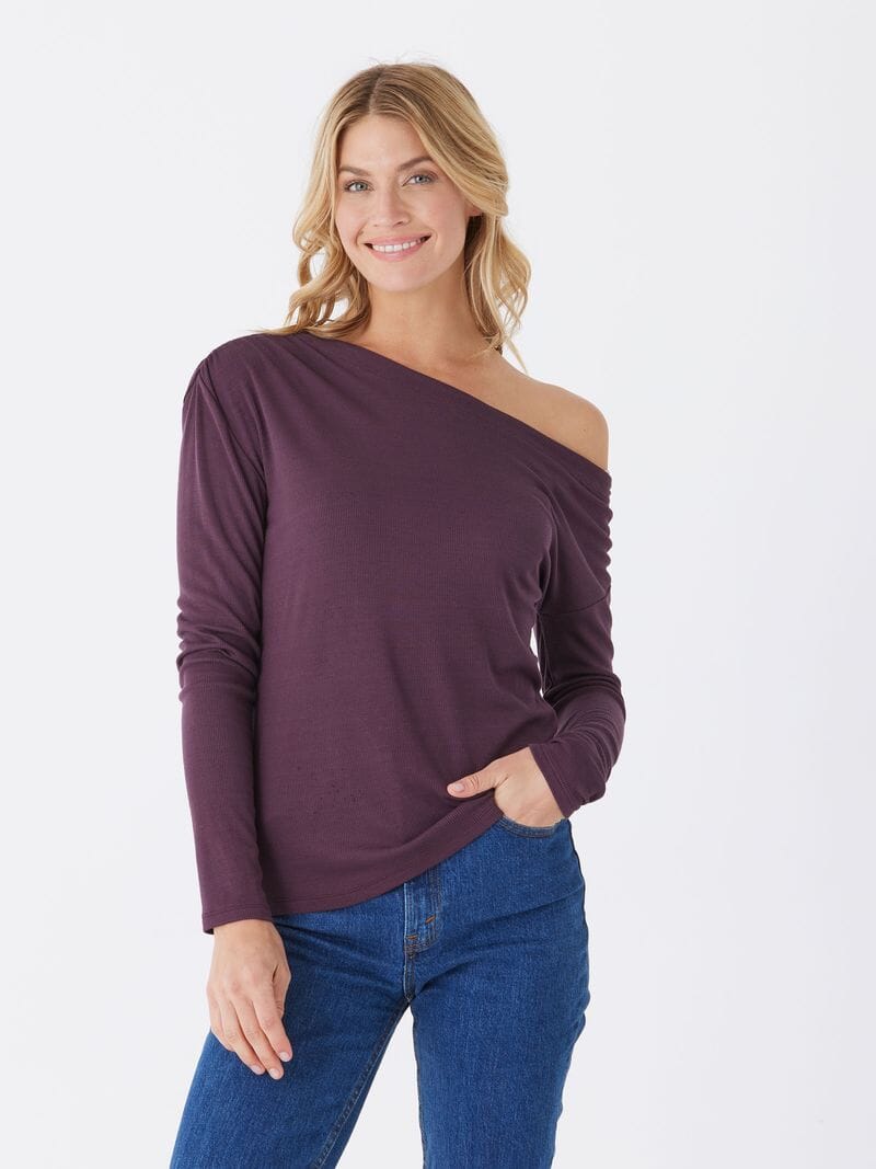 Leoni Feather Rib Long Sleeve Off-Shoulder Top in Dark Purple