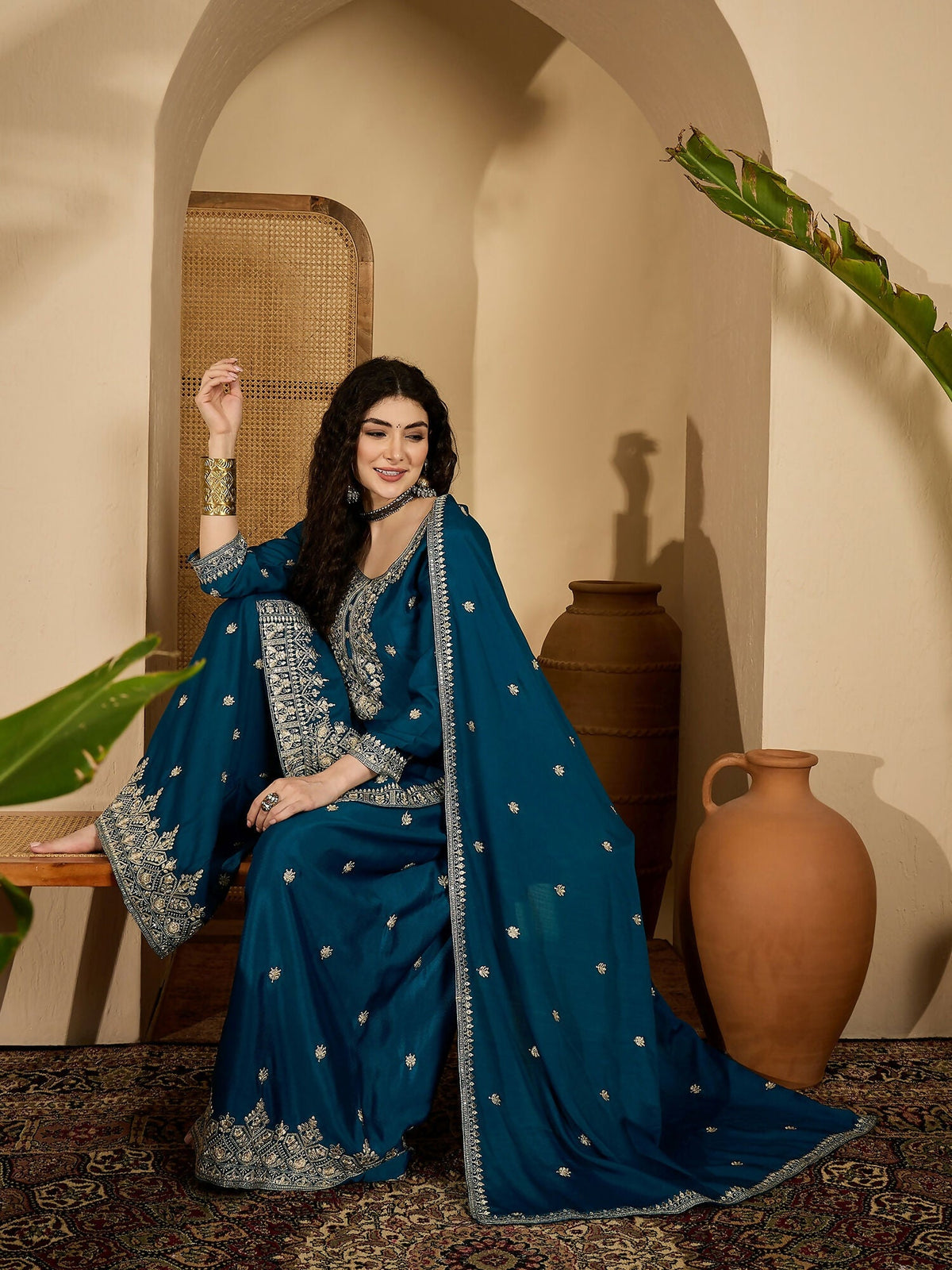 Teal Chinon Silk Embroidered Kurta Set for Festive Occasions