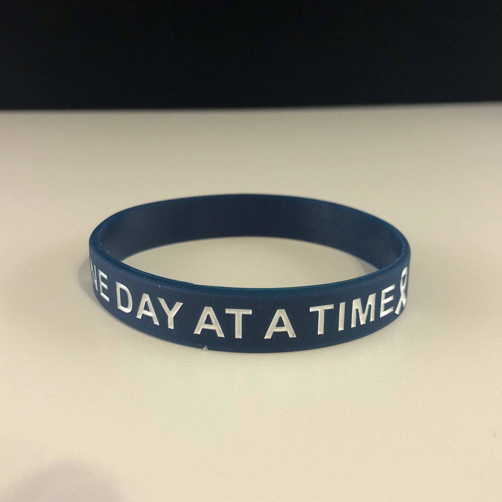 One Day At A Time Wristband – Silicone Motivational Band Blue & White 8 Inch