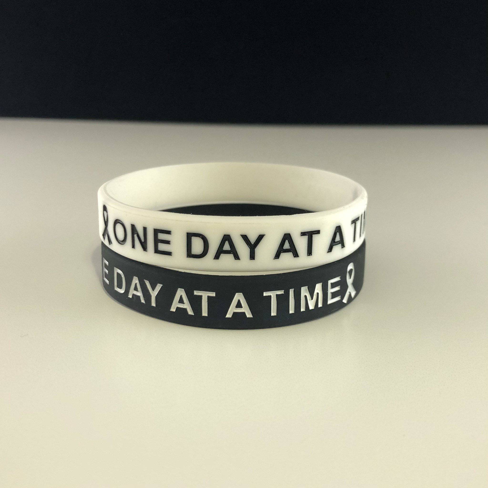 One Day At A Time Wristband - Black And White Silicone Wristband With Positive Message