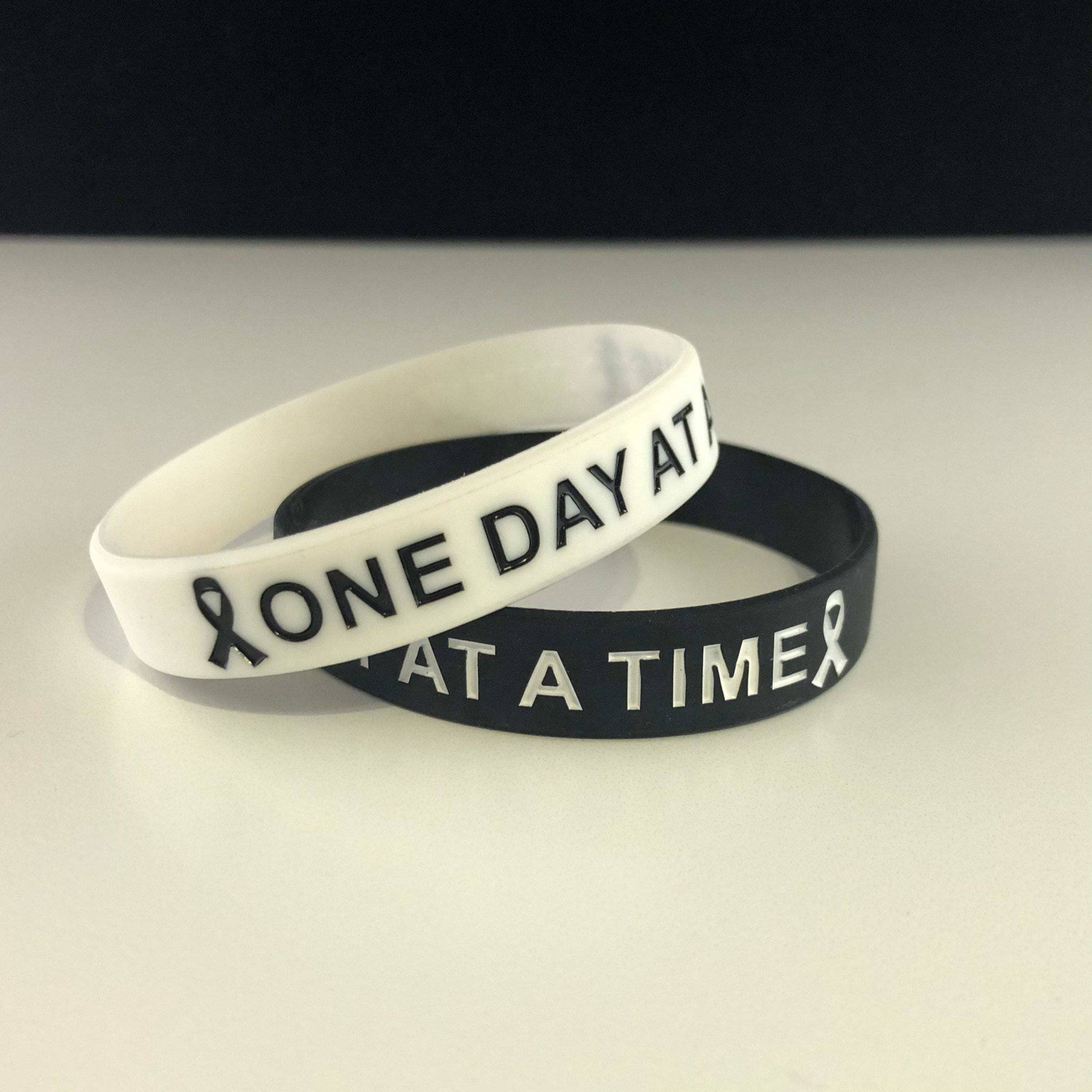 One Day At A Time Wristband - Black And White Silicone Wristband With Positive Message