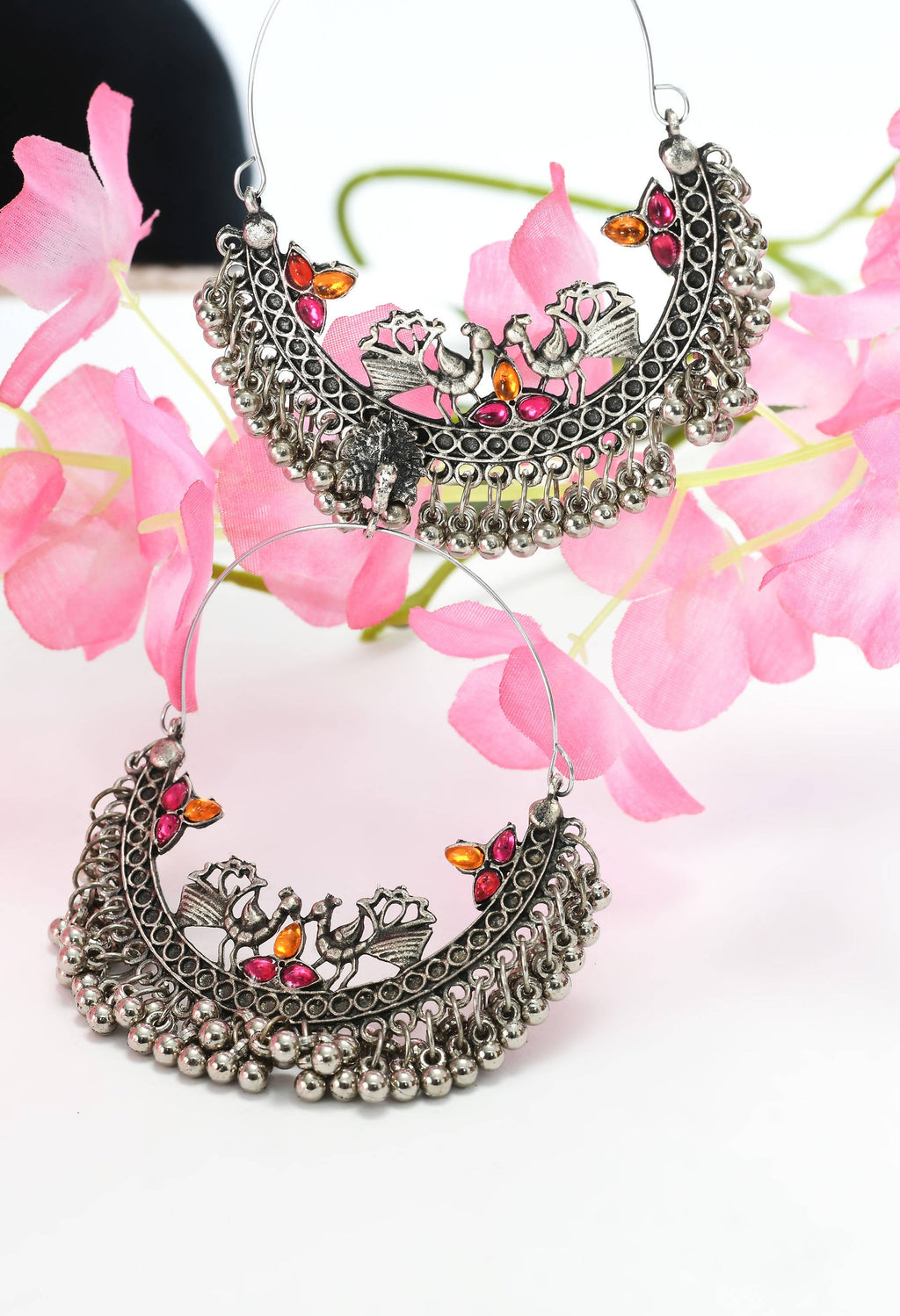 Peacock Design Chandbali Earrings in Silver Pink and Orange
