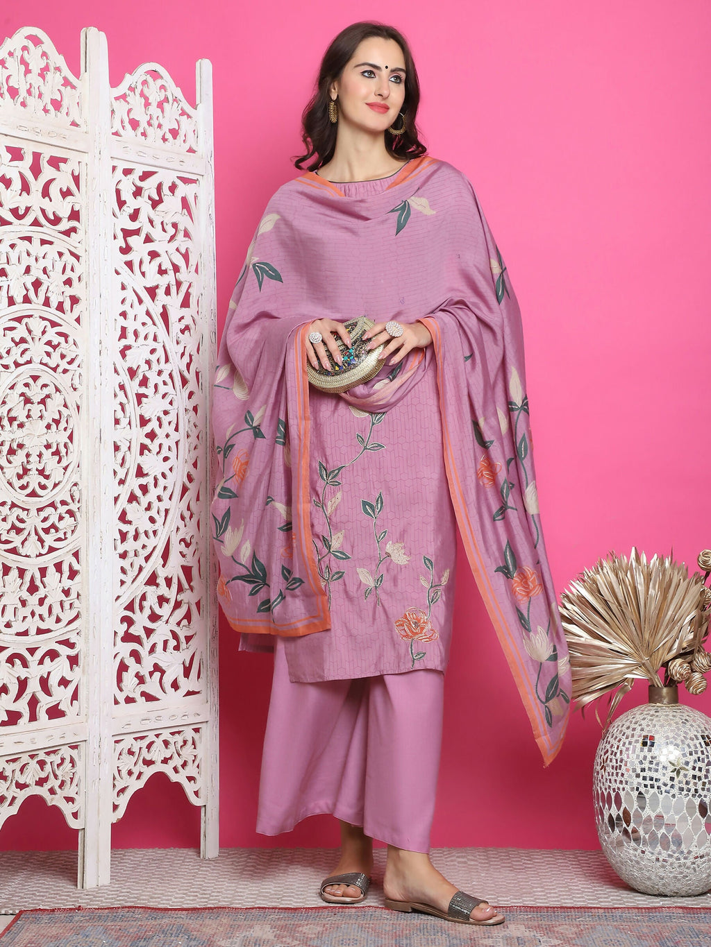 Purple muslin kurta set featuring floral print, jari, and crystal work