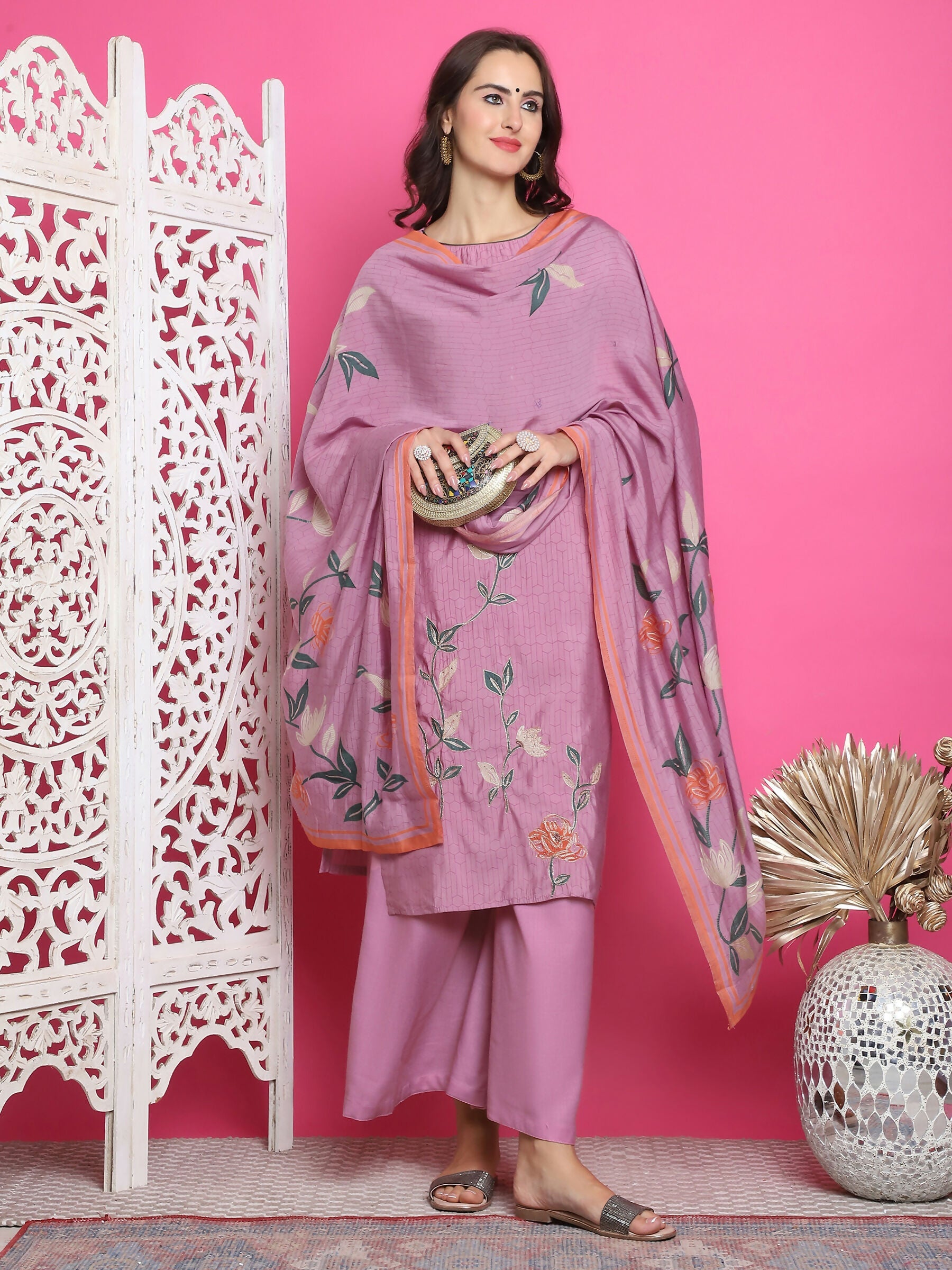 Purple muslin kurta set featuring floral print, jari, and crystal work