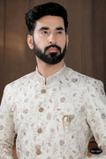 Boys Base Off-White Embroidered Kurta and Pyjama Set