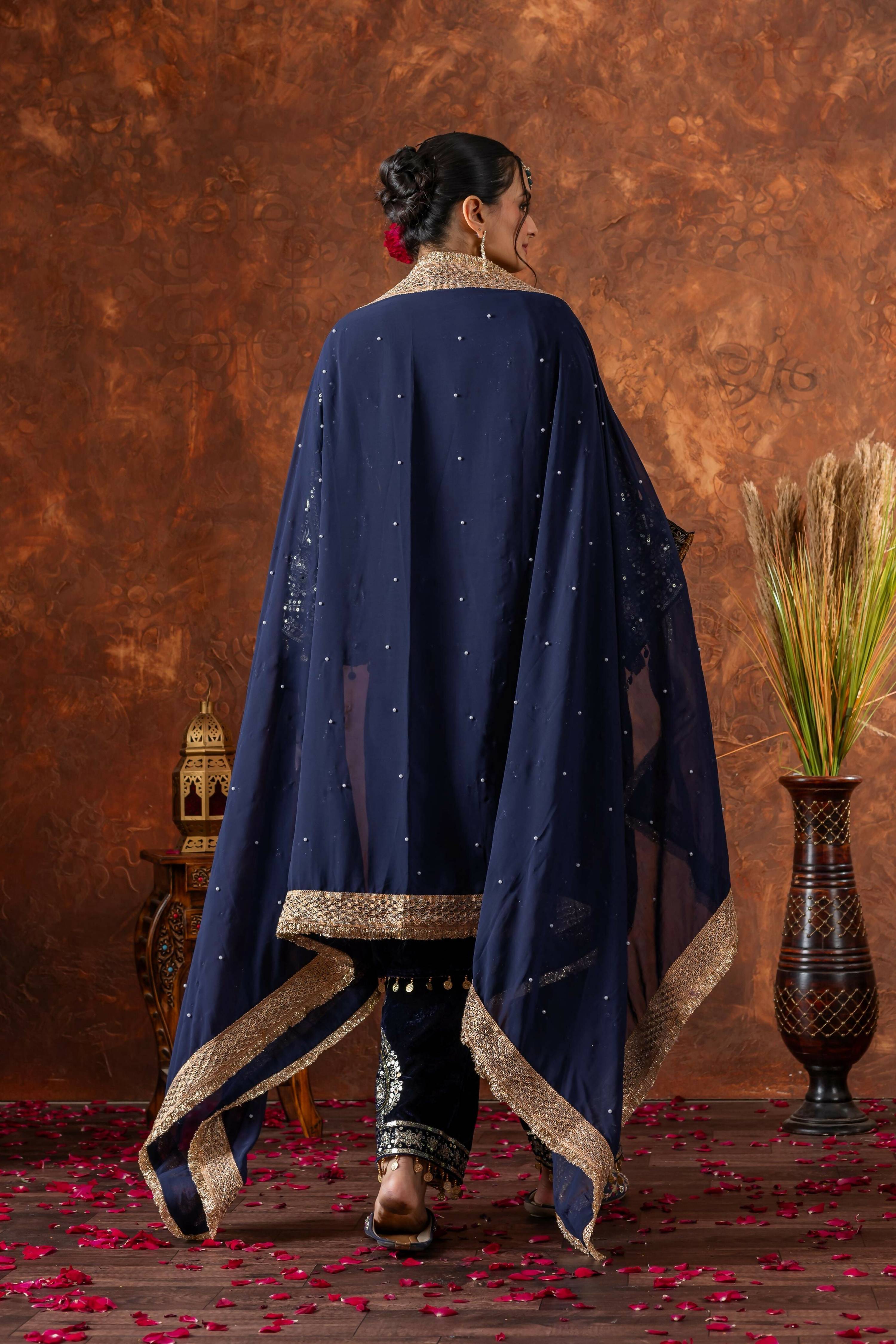 Joban Fashion deep navy blue Velvet Embroidery Kurta Set