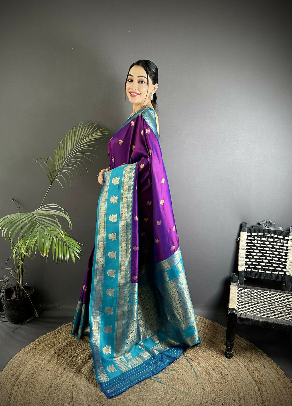 Purple Banarasi Soft Silk Saree with Woven Butti Design