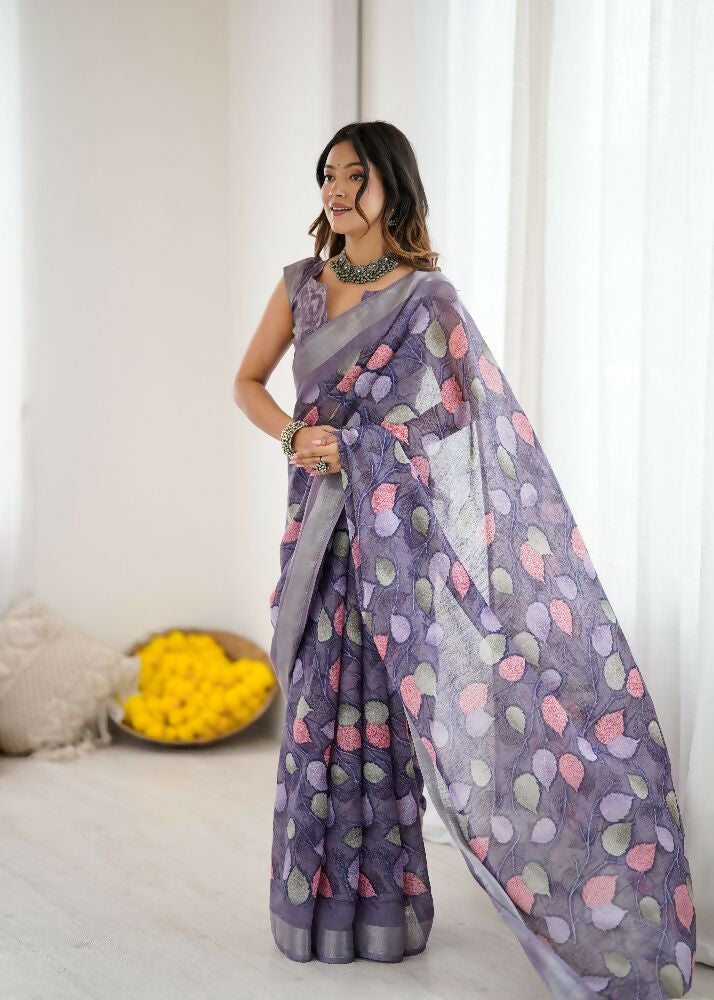 Lavender Linen Patta Printed Saree
