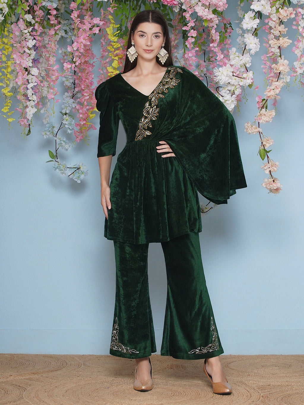 Green Velvet Hand Embellished 2-Piece Co-ord Set