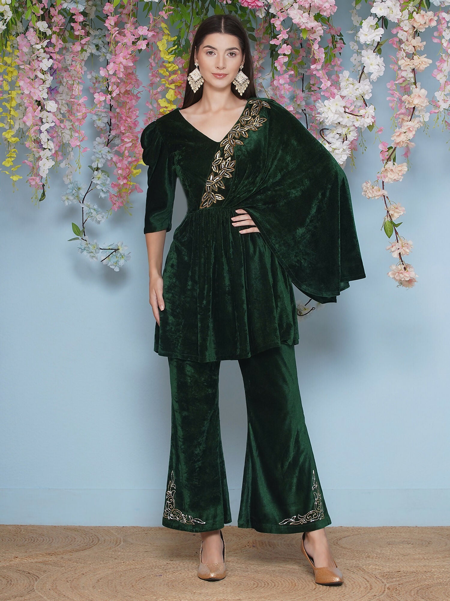 Green Velvet Hand Embellished 2-Piece Co-ord Set