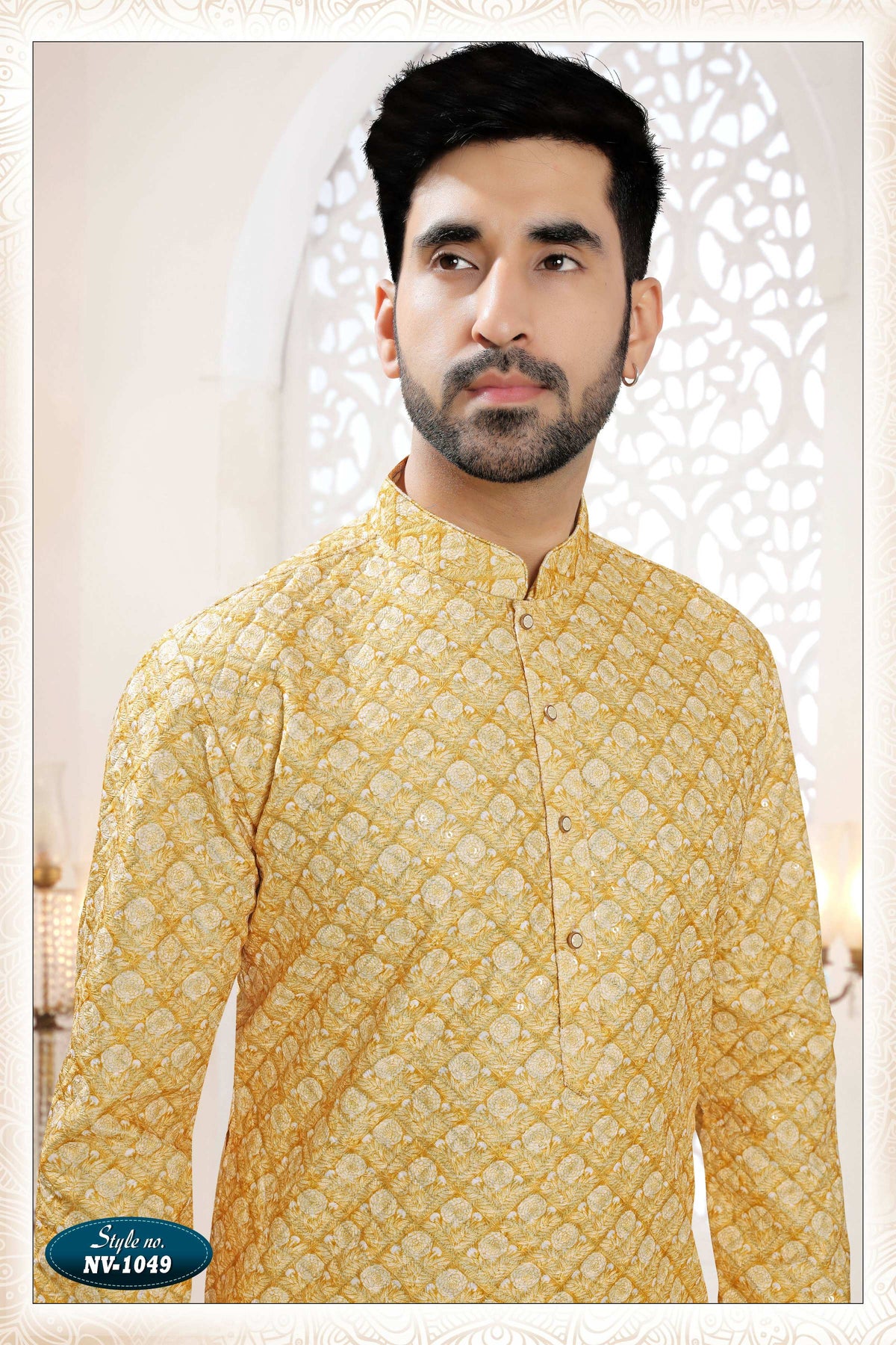 Men's Yellow Straight Kurta Set with All Over Silk Thread Embroidery