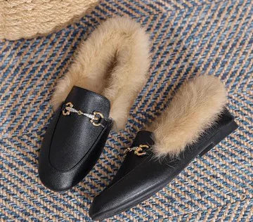 Fleece-Lined Flat Loafers with Rabbit Fur for Women