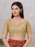 Elegant gold silk V-neck stitched blouse for women, formal ethnic wear