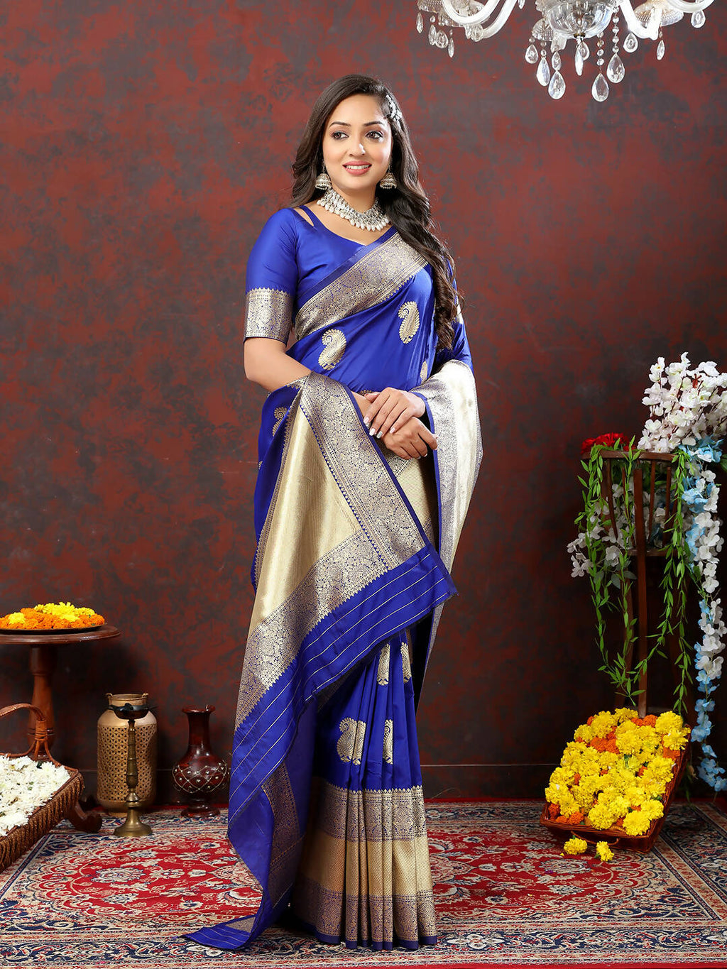 Blue Soft Silk Saree with Traditional Gold Zari Weaving Design