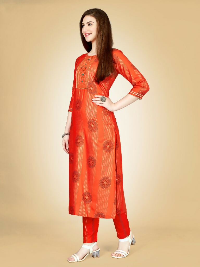 Women's Orange Viscose Rayon Embroidered Kurta Pant Set
