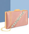 Light pink luxurious satin evening clutch with a metallic chain strap