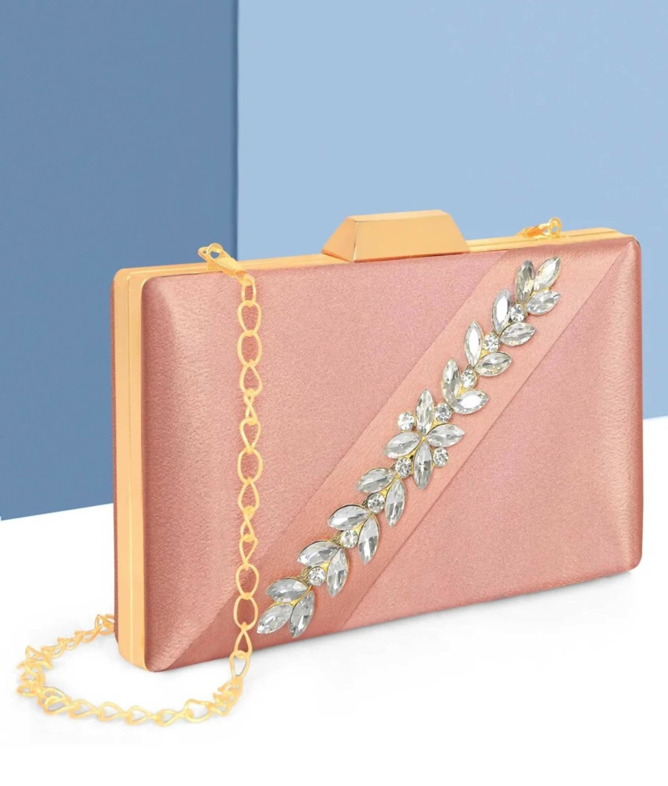 Light pink luxurious satin evening clutch with a metallic chain strap